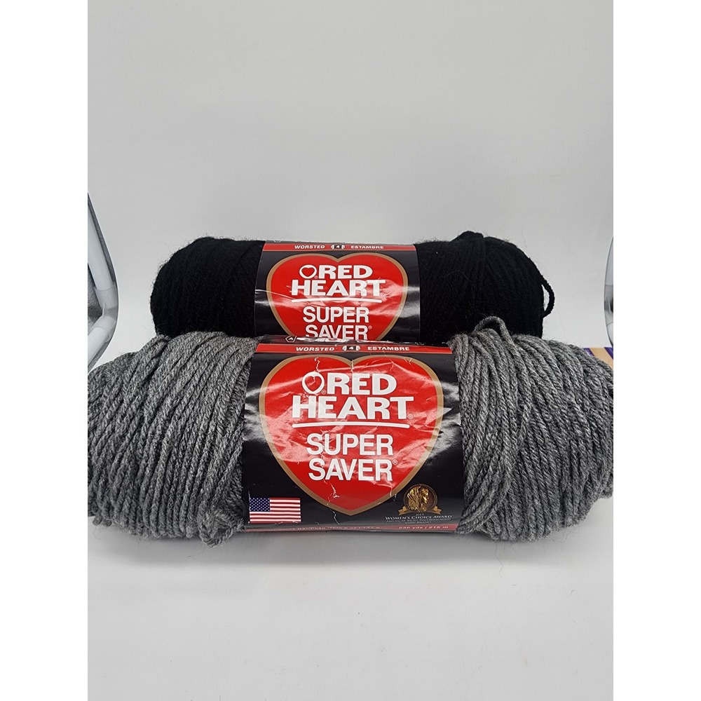 Red Heart Super Saver Yarn Bundle Black and Grey Heather Worsted Acrylic E300